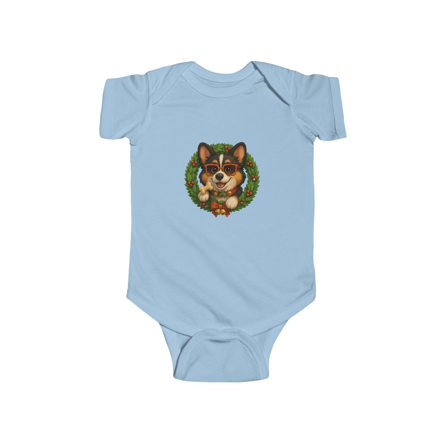 Baby Onesie with Corgi in Christmas Wreath – Holiday Infant Bodysuit