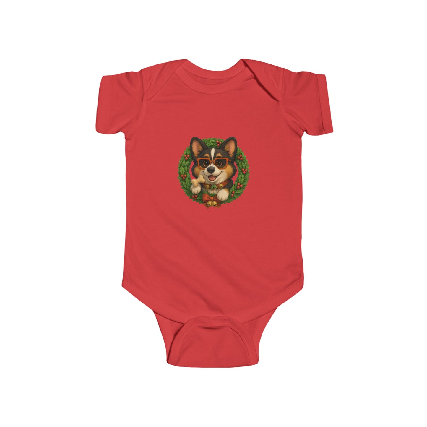 Baby Onesie with Corgi in Christmas Wreath – Holiday Infant Bodysuit