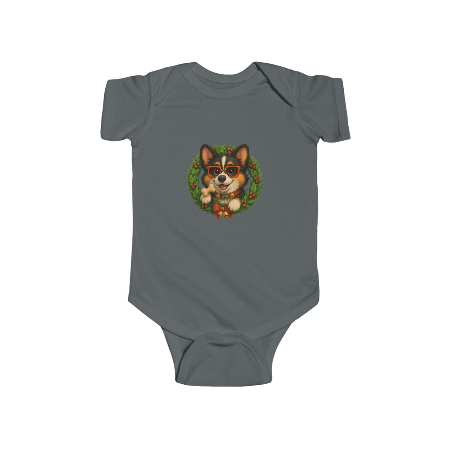 Baby Onesie with Corgi in Christmas Wreath – Holiday Infant Bodysuit