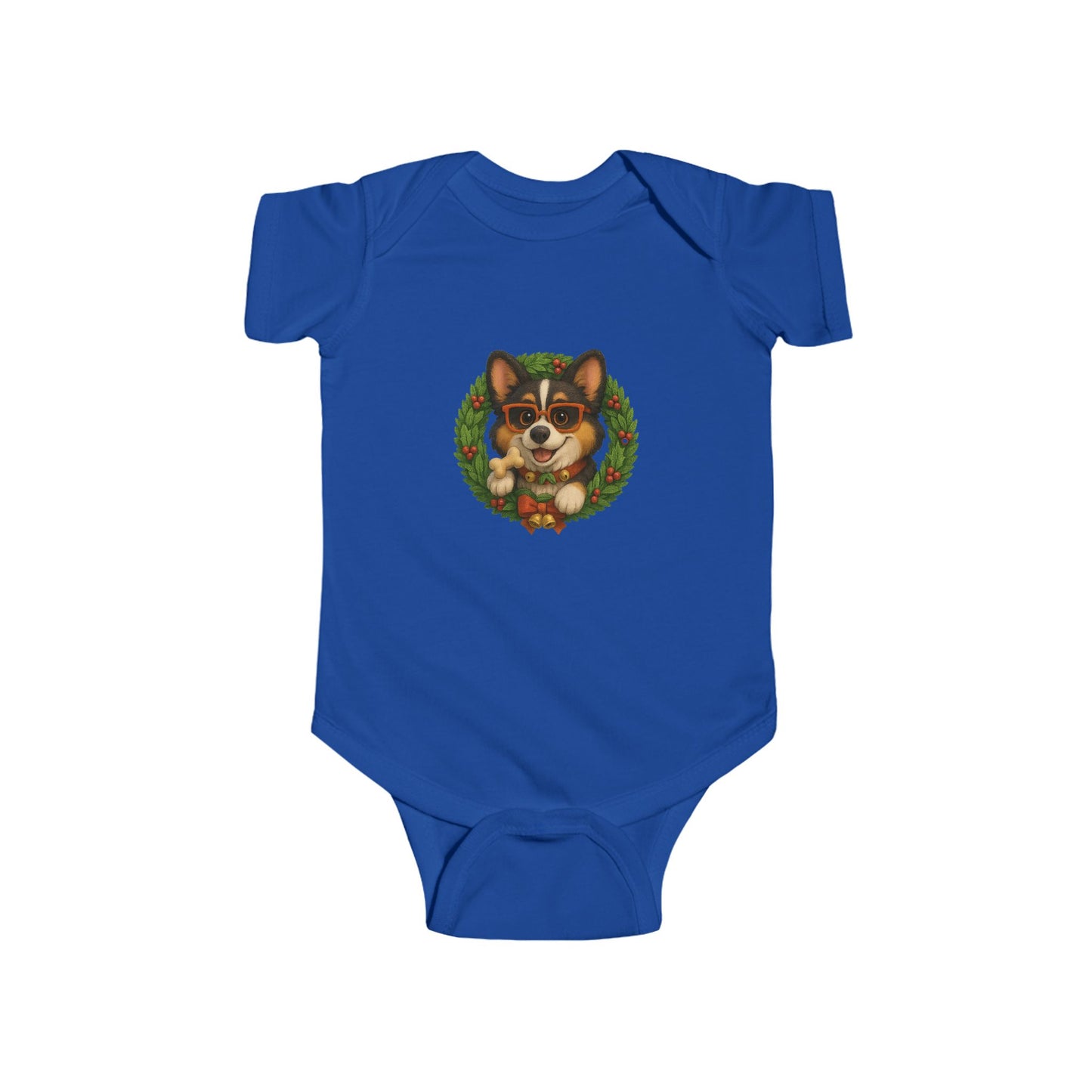 Baby Onesie with Corgi in Christmas Wreath – Holiday Infant Bodysuit