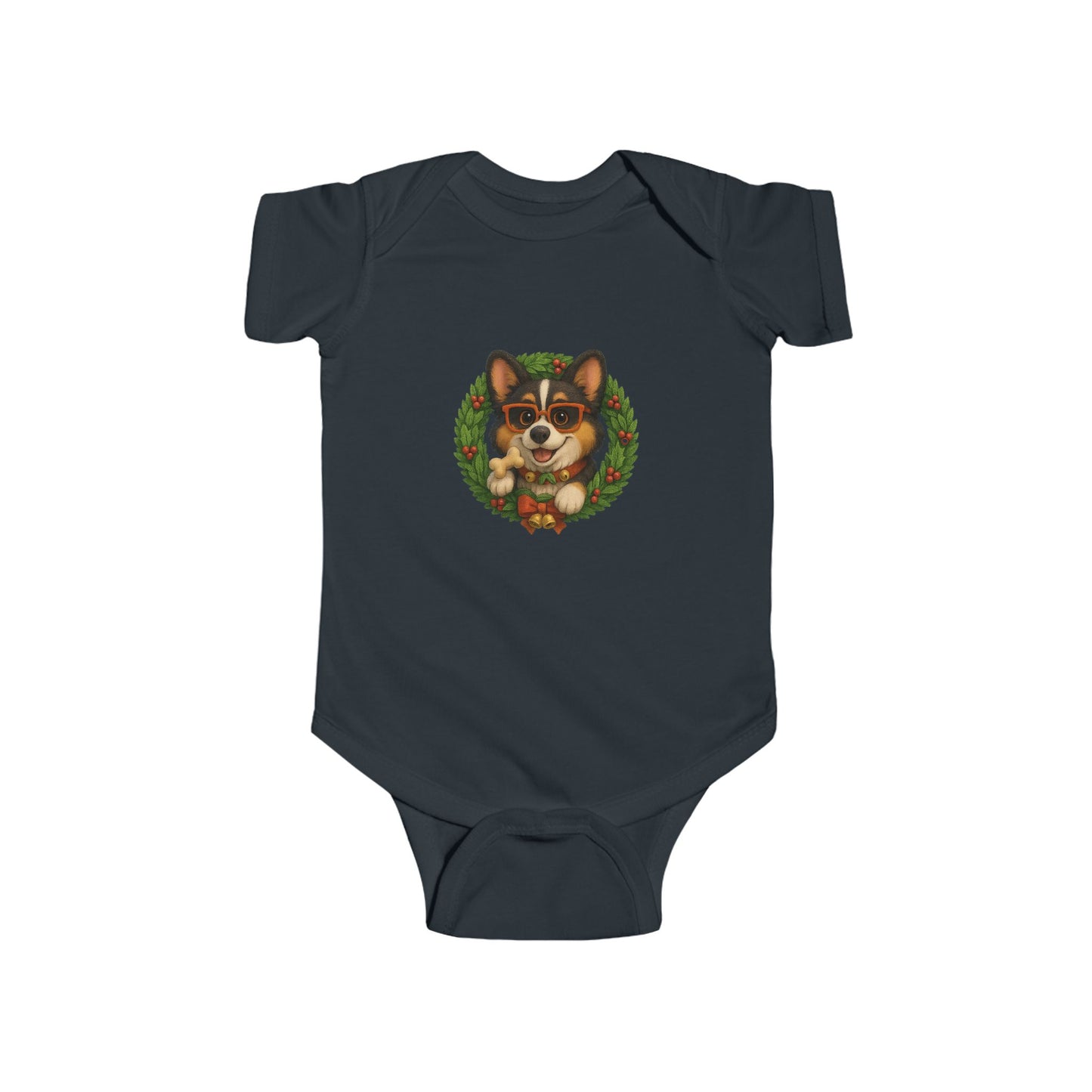 Baby Onesie with Corgi in Christmas Wreath – Holiday Infant Bodysuit