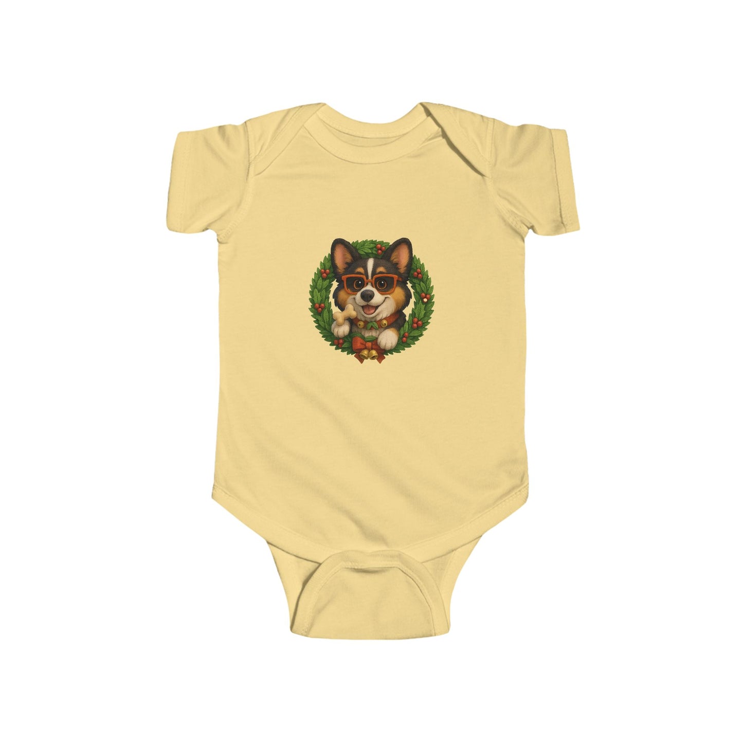 Baby Onesie with Corgi in Christmas Wreath – Holiday Infant Bodysuit