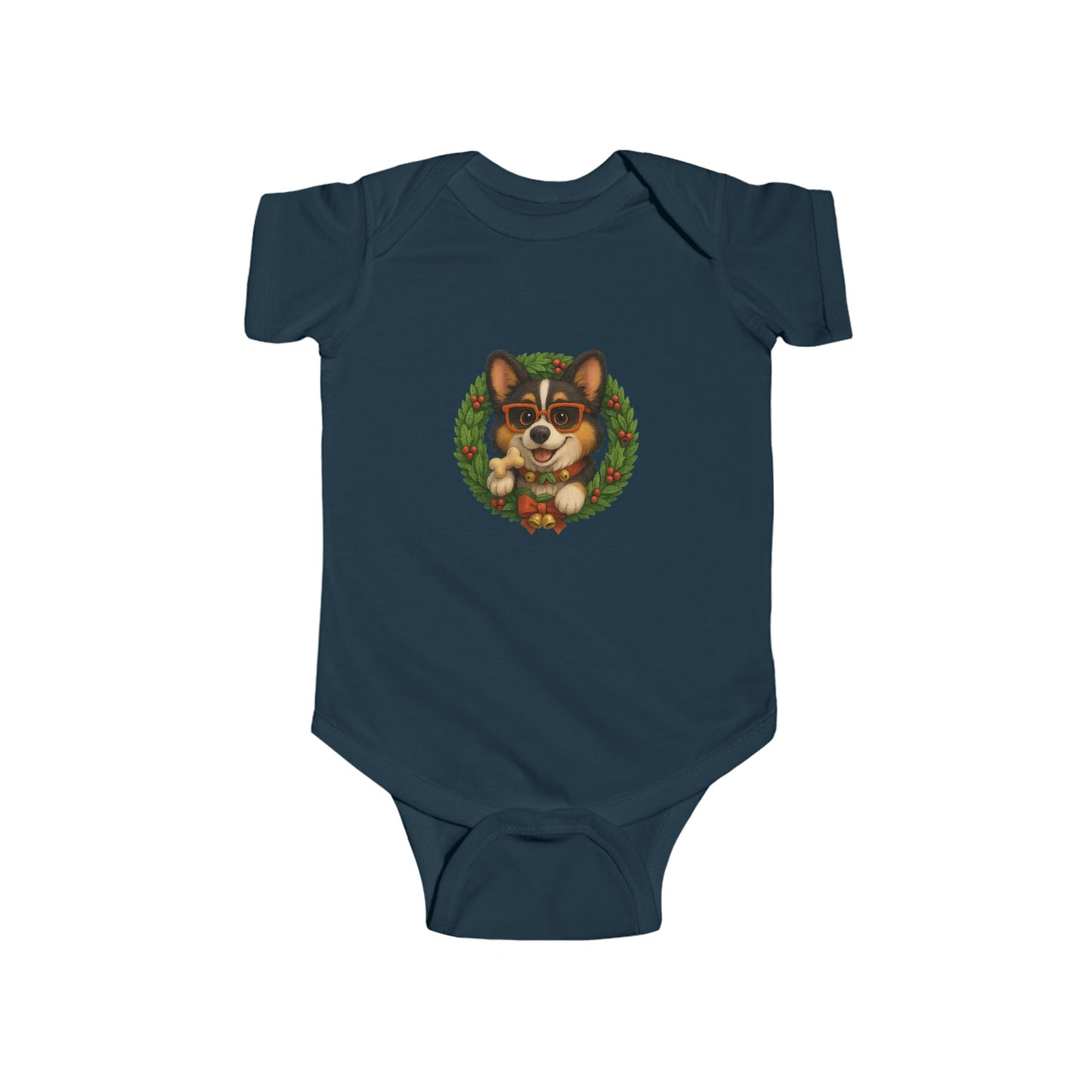 Baby Onesie with Corgi in Christmas Wreath – Holiday Infant Bodysuit