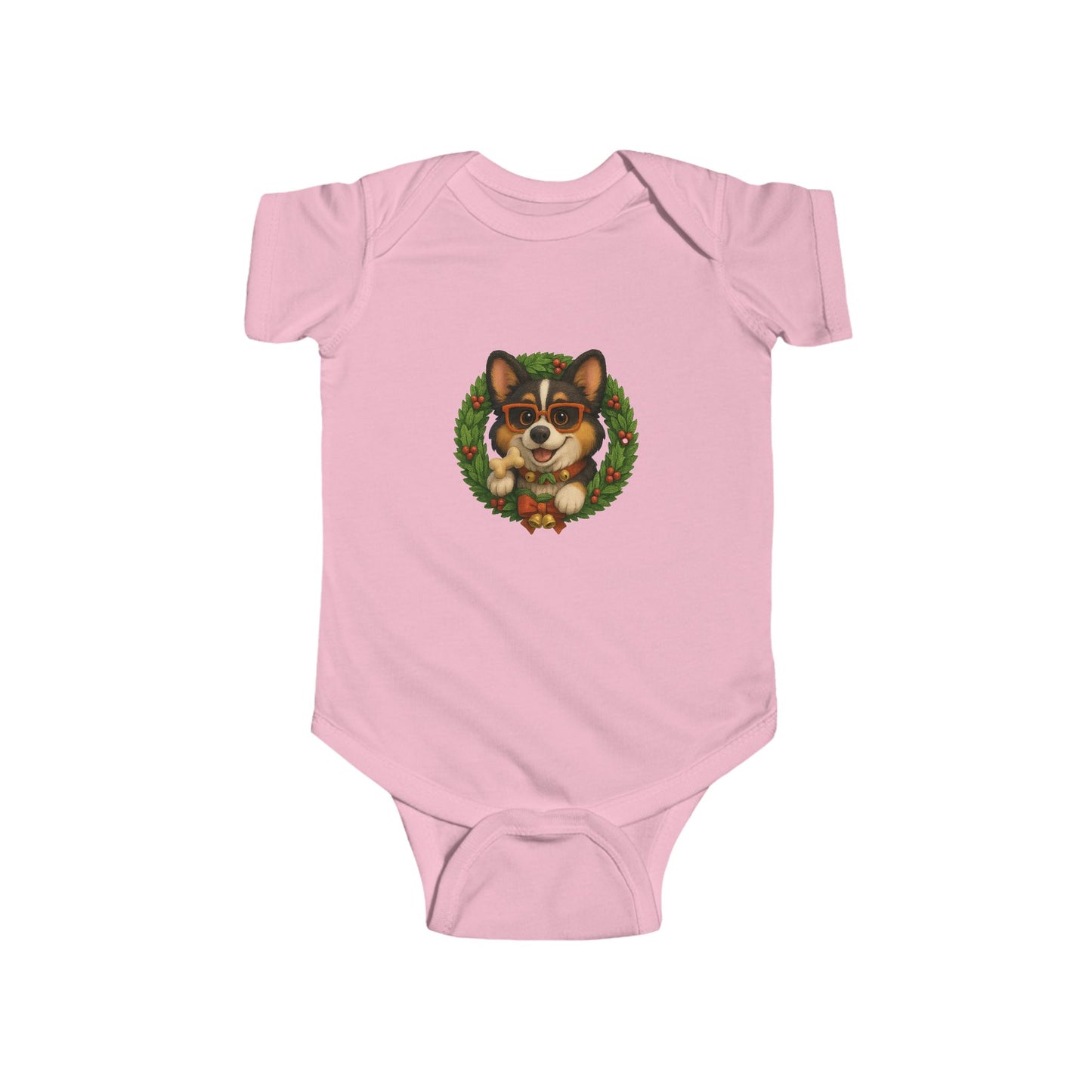 Baby Onesie with Corgi in Christmas Wreath – Holiday Infant Bodysuit