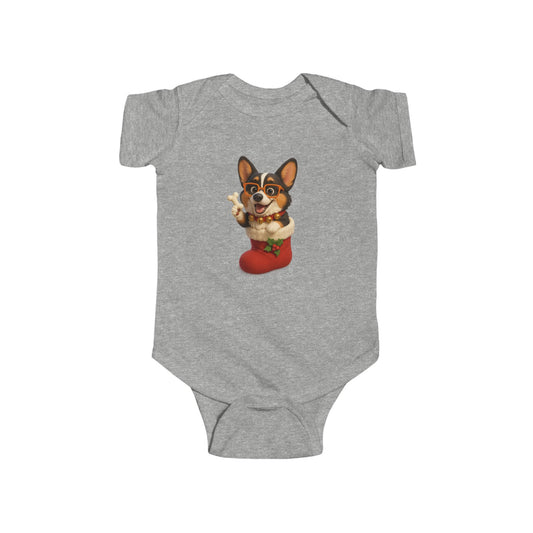 Baby Bodysuit — Cute Corgi in Christmas Stocking Infant Onesie