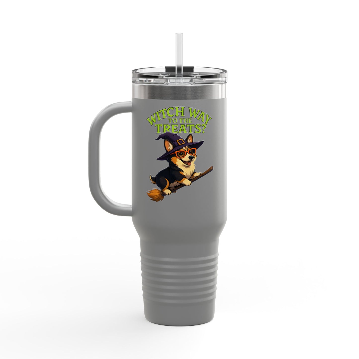 Witchy Corgi Insulated Travel Mug | Halloween Corgi Cup, Funny Dog Travel Mug, Fall Beverage Holder, Gift for Dog Lovers