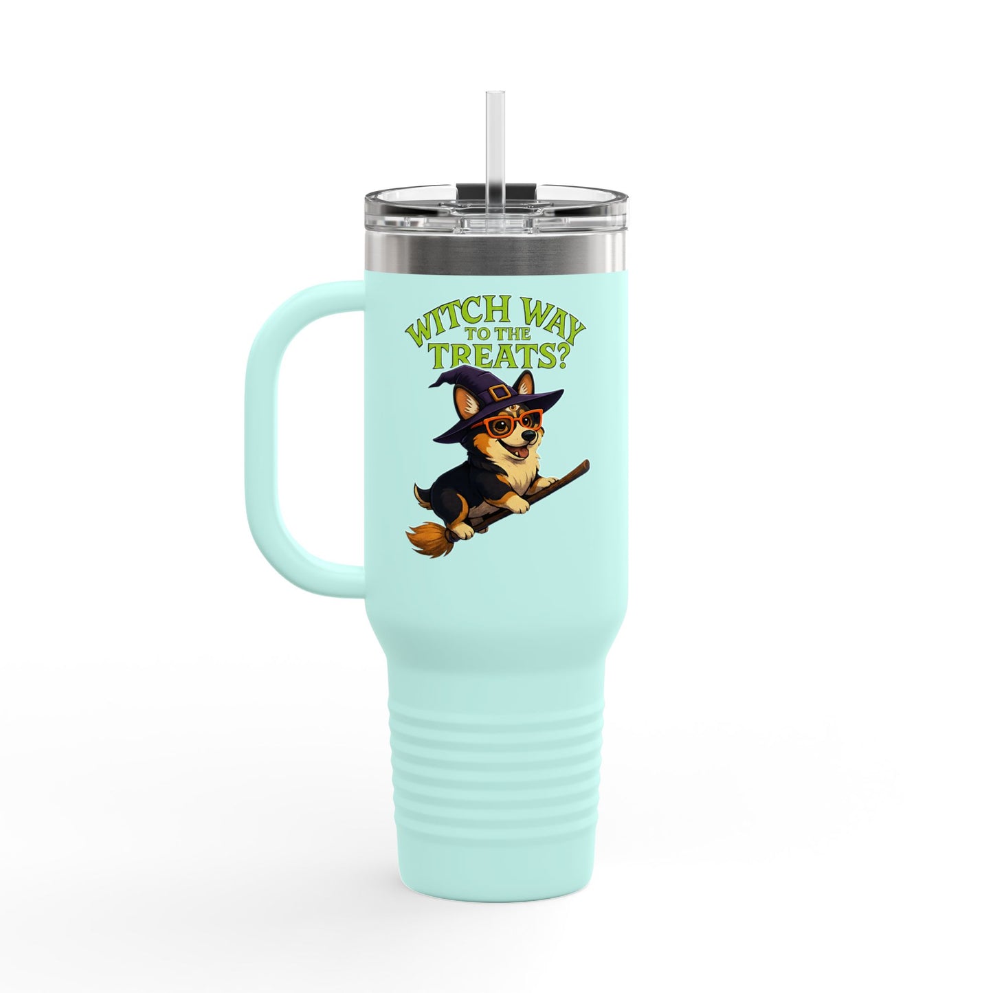 Witchy Corgi Insulated Travel Mug | Halloween Corgi Cup, Funny Dog Travel Mug, Fall Beverage Holder, Gift for Dog Lovers