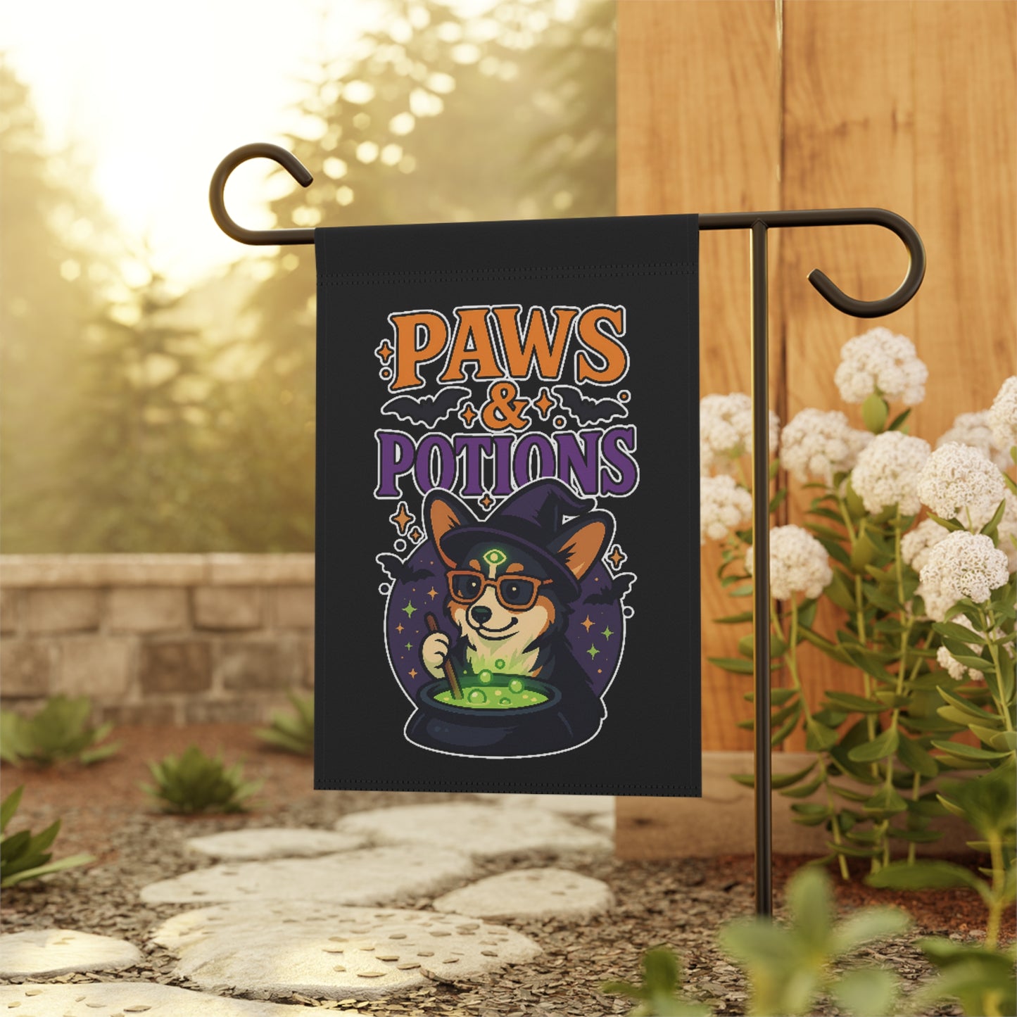 Paws & Potions Garden Banner, Cute Dog Decor, Witchy Garden Flag, Halloween Pet Banner, Outdoor Home Accent