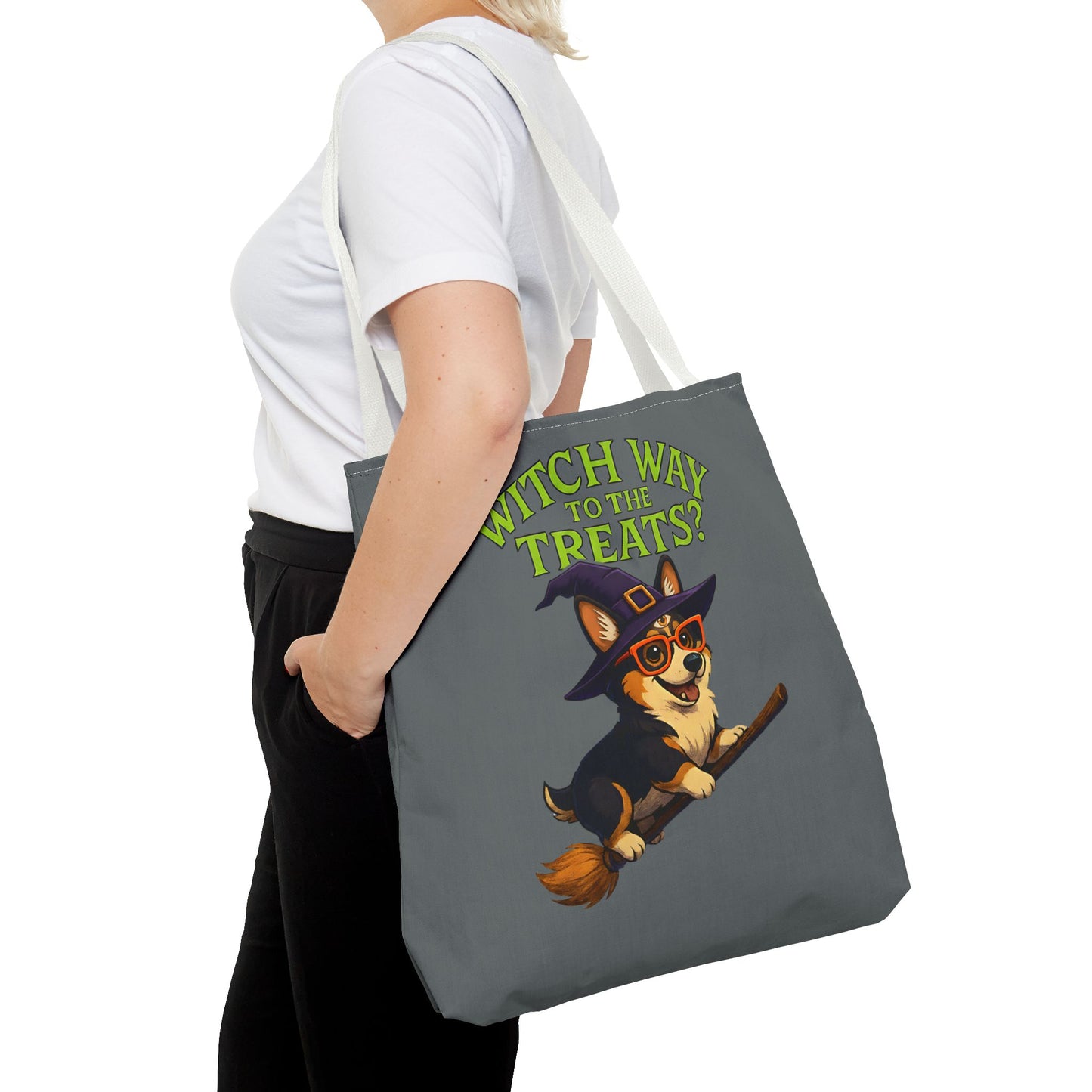 Witch Corgi Tote Bag, Halloween Bag, Dog Lover Gift, Trick or Treat Bag, Cute Corgi Accessories