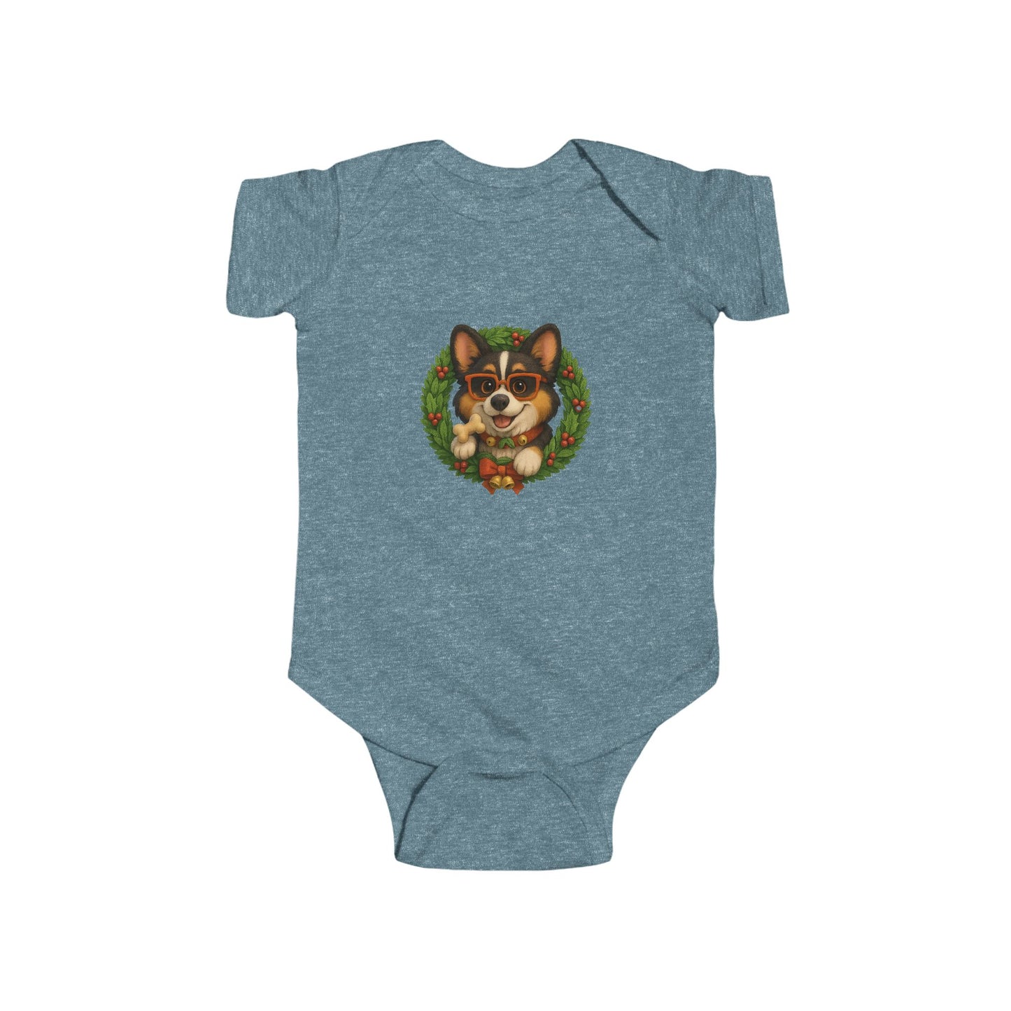 Baby Onesie with Corgi in Christmas Wreath – Holiday Infant Bodysuit