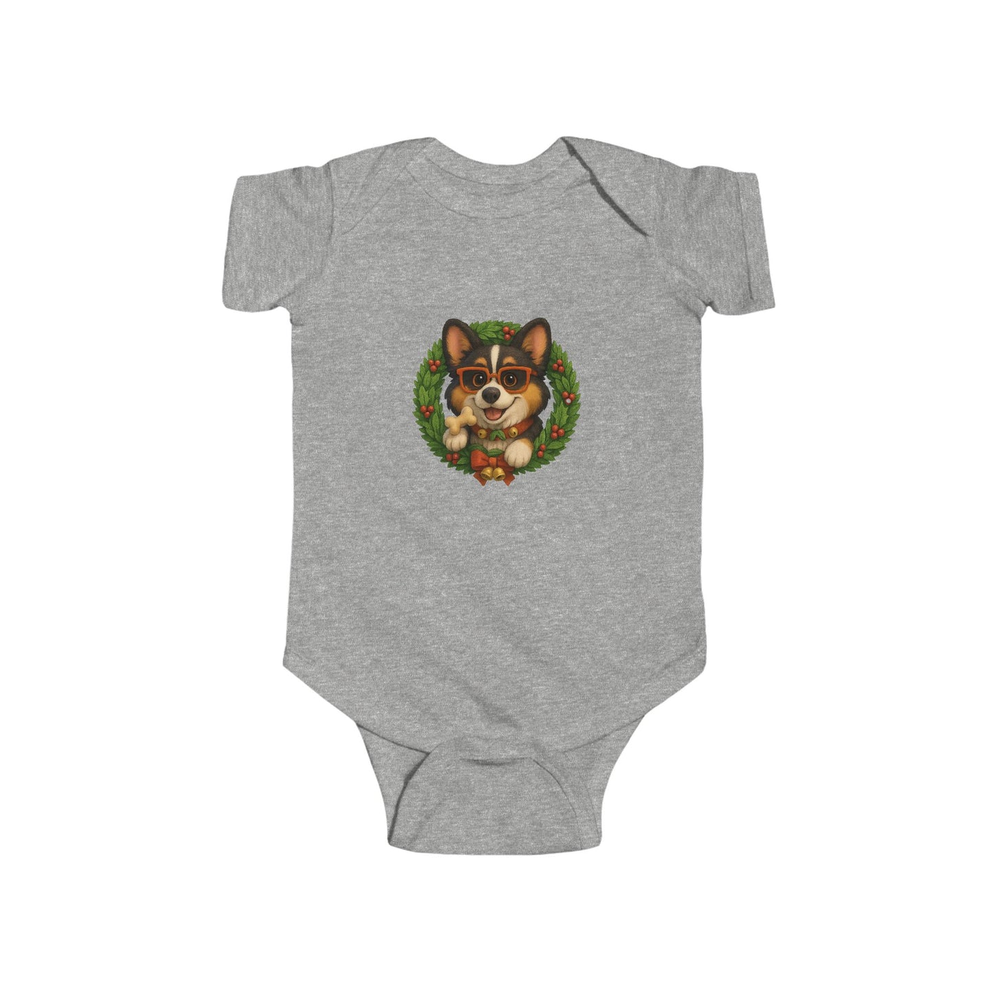 Baby Onesie with Corgi in Christmas Wreath – Holiday Infant Bodysuit