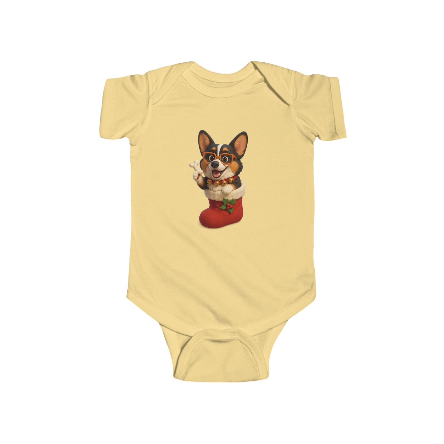 Baby Bodysuit — Cute Corgi in Christmas Stocking Infant Onesie